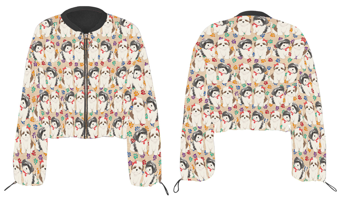 Rainbow Paw Print Shih Tzu Dogs Cropped Chiffon Women's Jacket WH50614