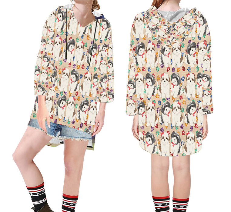 Rainbow Paw Print Shih Tzu Dogs Red Step Hem Women's Hoodie