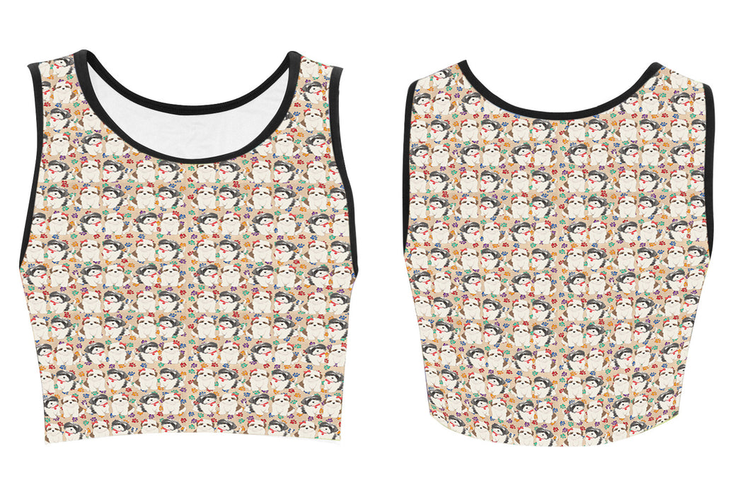 Rainbow Paw Print Shih Tzu Dogs Red Women's Crop Top