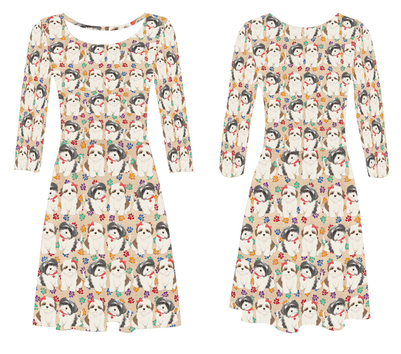 Rainbow Paw Print Shih Tzu Dogs Red 3/4 Sleeve Sundress