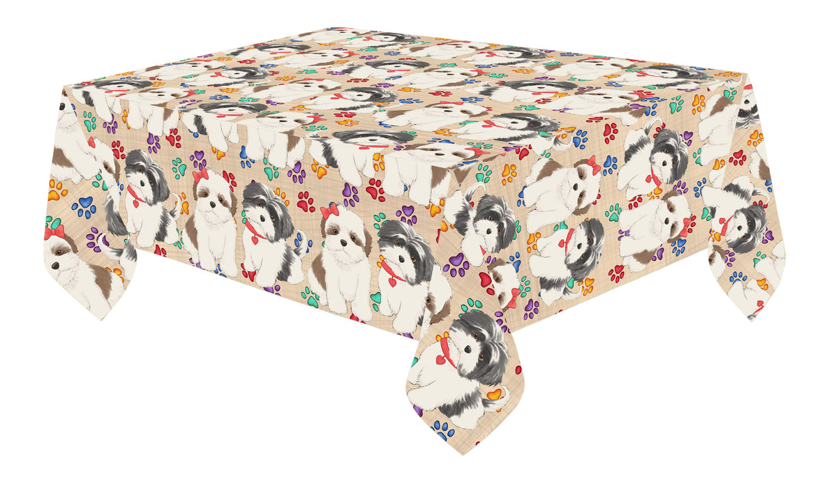 Rainbow Paw Print Shih Tzu Dogs Red Cotton Linen Tablecloth