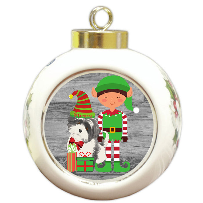 Custom Personalized Shih Tzu Dog Elfie and Presents Christmas Round Ball Ornament