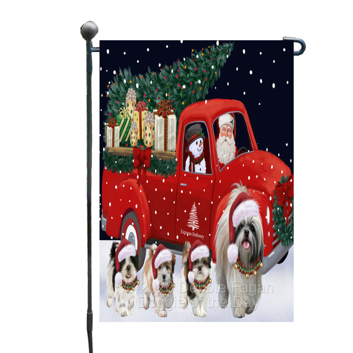 Christmas Express Delivery Red Truck Running Shih Tzu Dogs Garden Flag GFLG66494