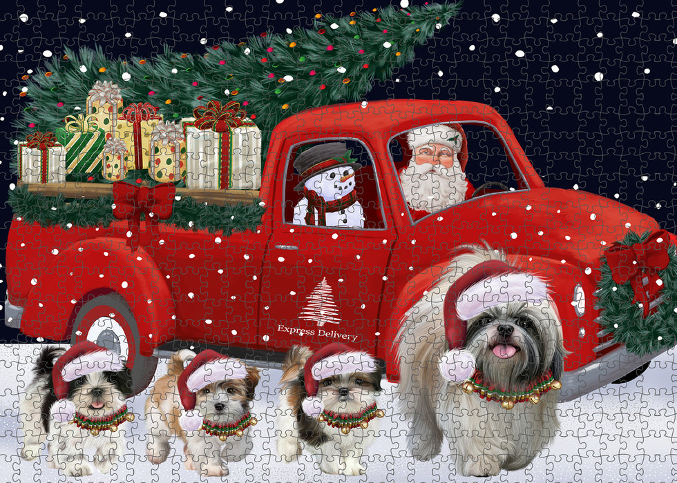 Christmas Express Delivery Red Truck Running Shih Tzu Dogs Puzzle with Photo Tin PUZL99812