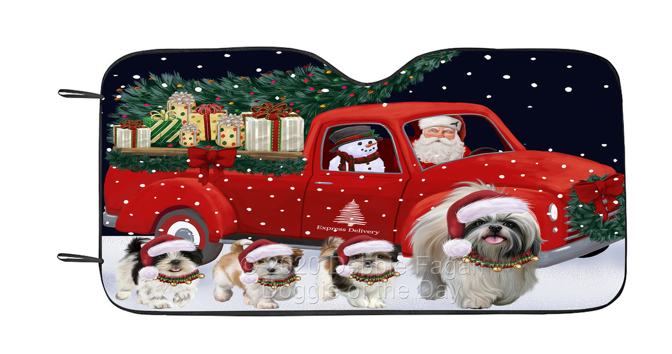 Christmas Express Delivery Red Truck Running Shih Tzu Dog Car Sun Shade Cover Curtain