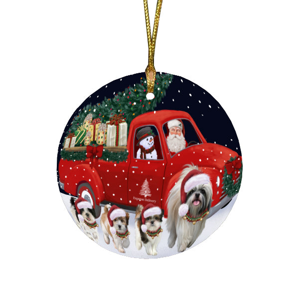 Christmas Express Delivery Red Truck Running Shih Tzu Dogs Round Flat Christmas Ornament RFPOR57778