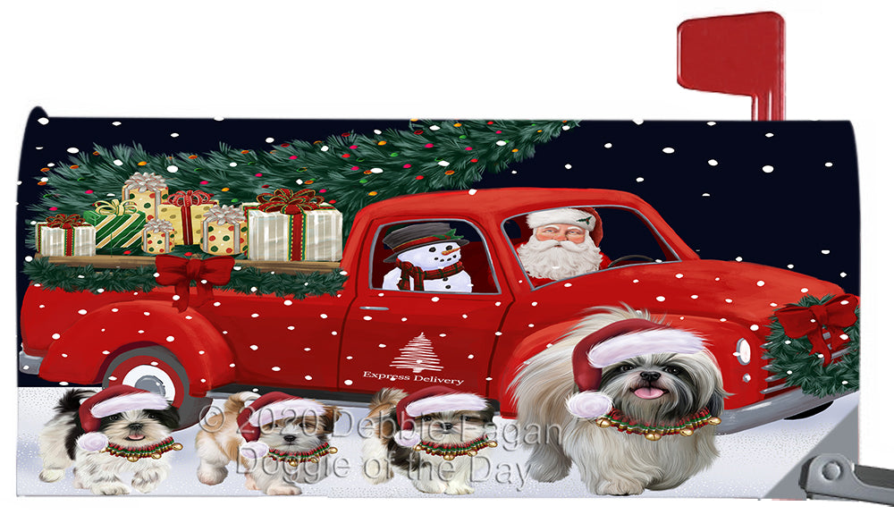 Christmas Express Delivery Red Truck Running Shih Tzu Dog Magnetic Mailbox Cover Both Sides Pet Theme Printed Decorative Letter Box Wrap Case Postbox Thick Magnetic Vinyl Material