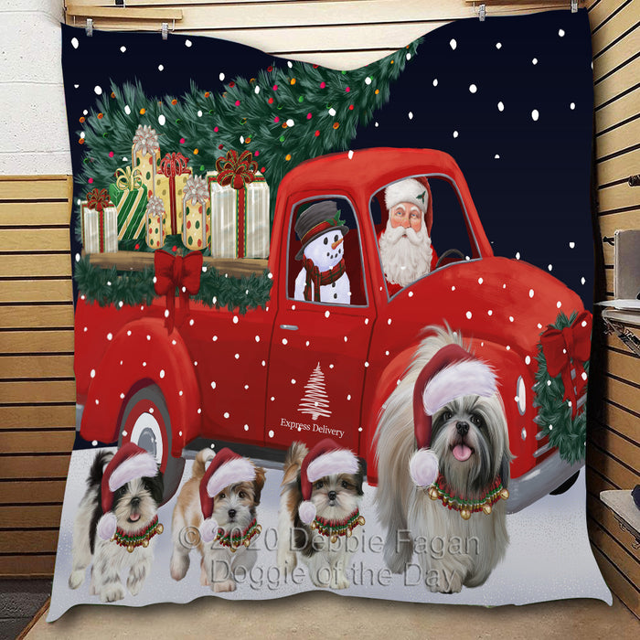 Christmas Express Delivery Red Truck Running Shiba Inu Dogs Lightweight Soft Bedspread Coverlet Bedding Quilt QUILT60046