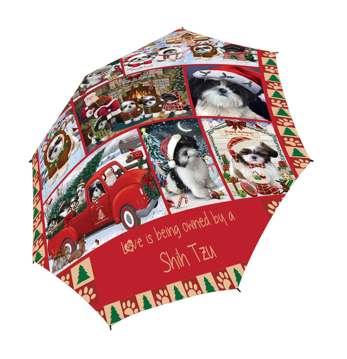 Love is Being Owned Christmas Shih Tzu Dogs Semi-Automatic Foldable Umbrella