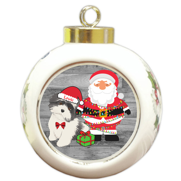 Custom Personalized Shih Tzu Dog With Santa Wrapped in Light Christmas Round Ball Ornament
