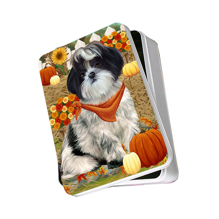 Fall Autumn Greeting Shih Tzu Dog with Pumpkins Photo Storage Tin PITN50868