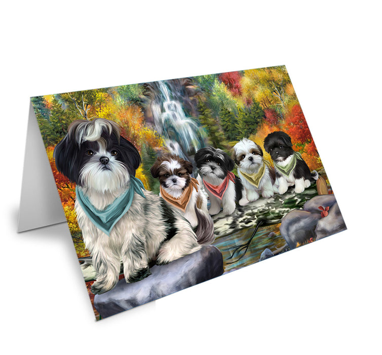 Scenic Waterfall Shih Tzus Dog Handmade Artwork Assorted Pets Greeting Cards and Note Cards with Envelopes for All Occasions and Holiday Seasons GCD52565