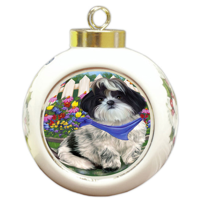 Spring Floral Shih Tzu Dog Round Ball Christmas Ornament RBPOR52167