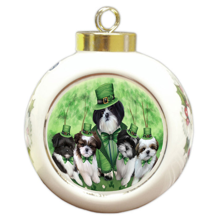 St. Patricks Day Irish Family Portrait Shih Tzus Dog Round Ball Christmas Ornament RBPOR49403