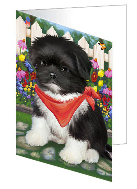 Spring Floral Shih Tzu Dog Handmade Artwork Assorted Pets Greeting Cards and Note Cards with Envelopes for All Occasions and Holiday Seasons GCD60533