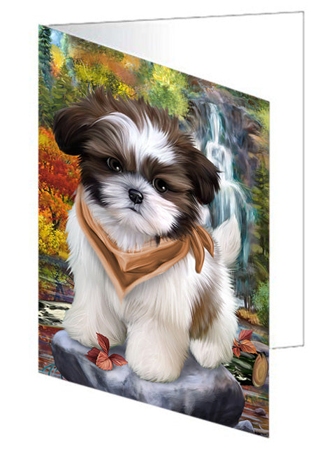 Scenic Waterfall Shih Tzus Dog Handmade Artwork Assorted Pets Greeting Cards and Note Cards with Envelopes for All Occasions and Holiday Seasons GCD52568