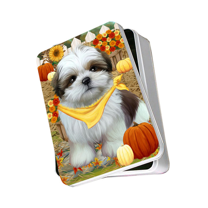 Fall Autumn Greeting Shih Tzu Dog with Pumpkins Photo Storage Tin PITN50869