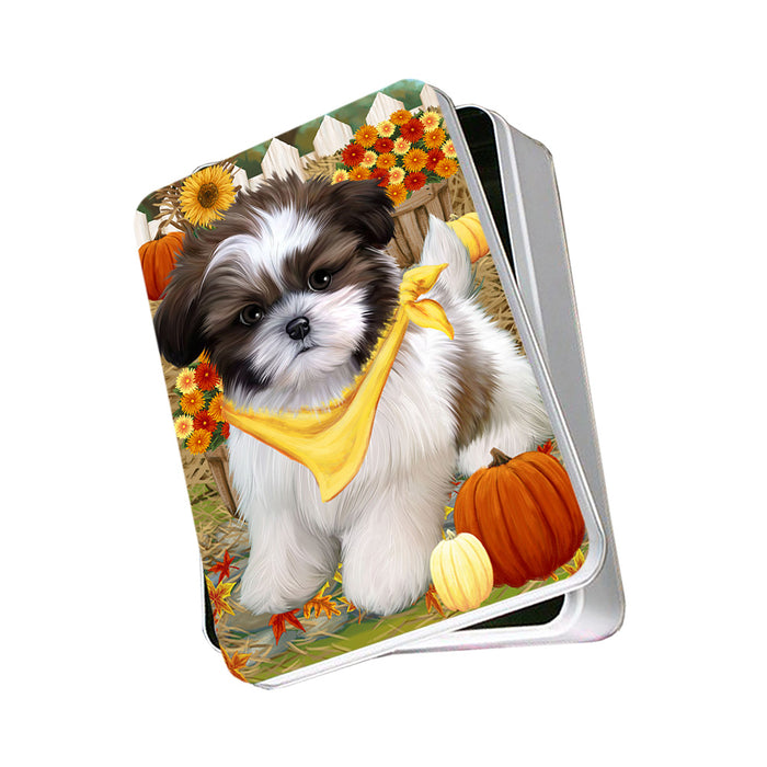 Fall Autumn Greeting Shih Tzu Dog with Pumpkins Photo Storage Tin PITN50870