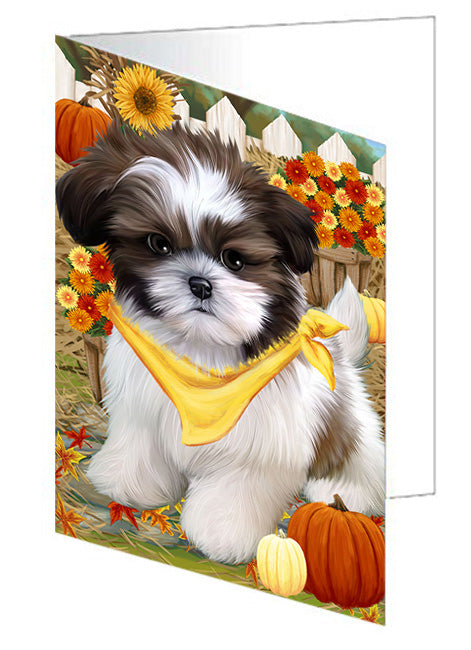 Fall Autumn Greeting Shih Tzu Dog with Pumpkins Handmade Artwork Assorted Pets Greeting Cards and Note Cards with Envelopes for All Occasions and Holiday Seasons GCD56639