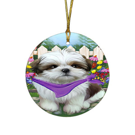 Spring Floral Shih Tzu Dog Round Flat Christmas Ornament RFPOR52160