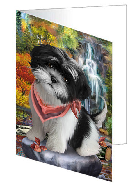 Scenic Waterfall Shih Tzu Dog Handmade Artwork Assorted Pets Greeting Cards and Note Cards with Envelopes for All Occasions and Holiday Seasons GCD52571
