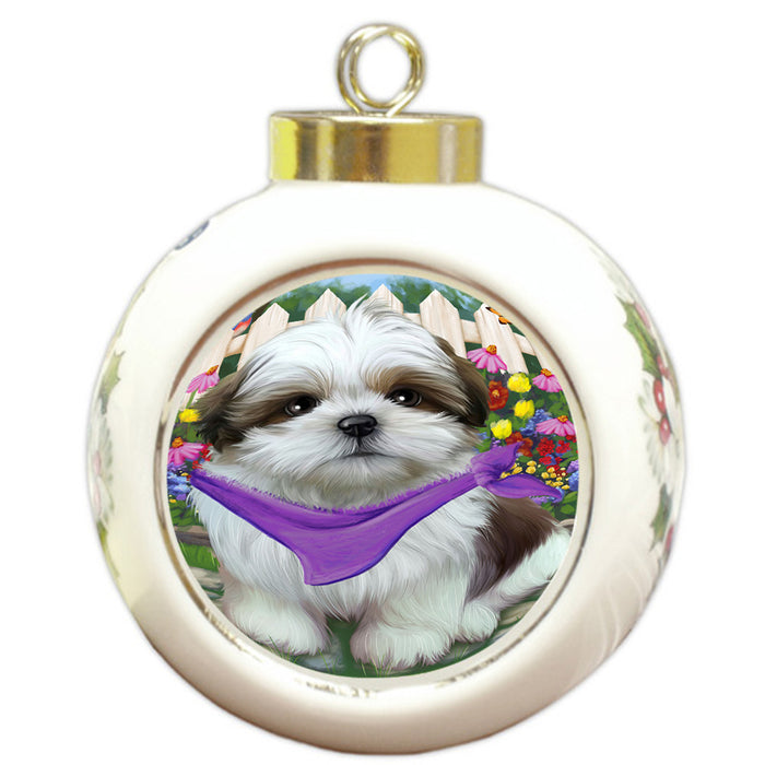 Spring Floral Shih Tzu Dog Round Ball Christmas Ornament RBPOR52169