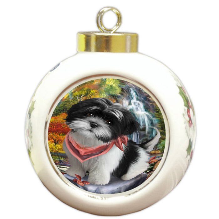 Scenic Waterfall Shih Tzu Dog Round Ball Christmas Ornament RBPOR49548