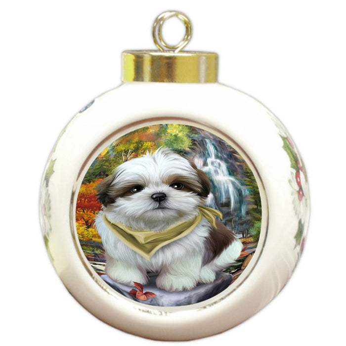 Scenic Waterfall Shih Tzu Dog Round Ball Christmas Ornament RBPOR49549