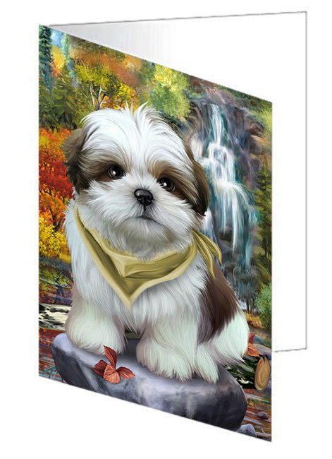 Scenic Waterfall Shih Tzu Dog Handmade Artwork Assorted Pets Greeting Cards and Note Cards with Envelopes for All Occasions and Holiday Seasons GCD52574