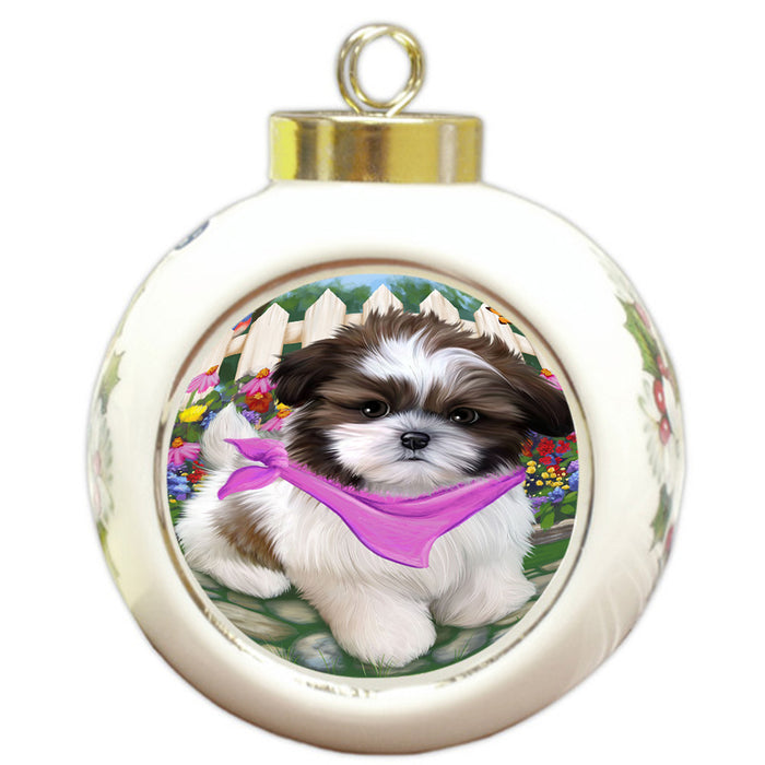 Spring Floral Shih Tzu Dog Round Ball Christmas Ornament RBPOR52170