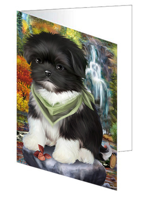 Scenic Waterfall Shih Tzu Dog Handmade Artwork Assorted Pets Greeting Cards and Note Cards with Envelopes for All Occasions and Holiday Seasons GCD52577