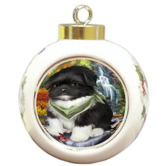 Scenic Waterfall Shih Tzu Dog Round Ball Christmas Ornament RBPOR49550