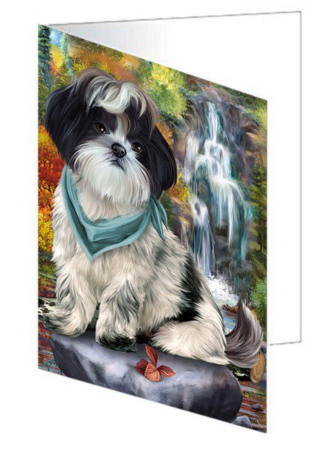 Scenic Waterfall Shih Tzu Dog Handmade Artwork Assorted Pets Greeting Cards and Note Cards with Envelopes for All Occasions and Holiday Seasons GCD52580