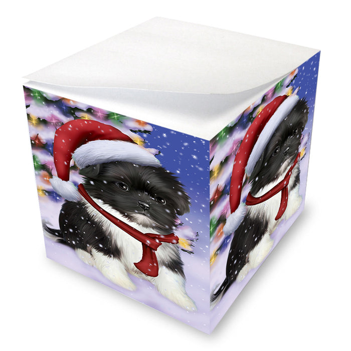 Winterland Wonderland Shih Tzu Dog In Christmas Holiday Scenic Background Note Cube NOC53422