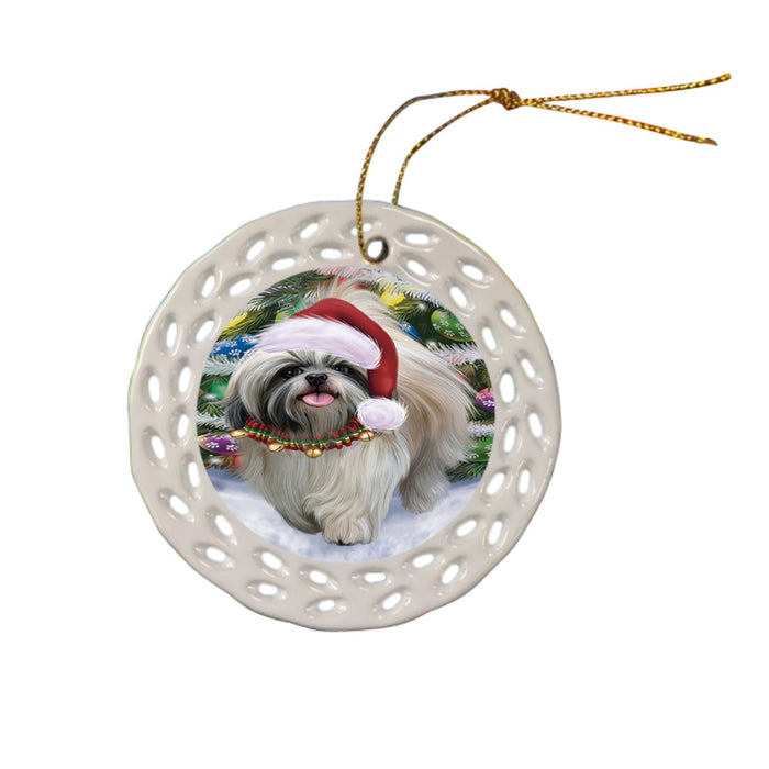 Trotting in the Snow Shih Tzu Dog Ceramic Doily Ornament DPOR57219
