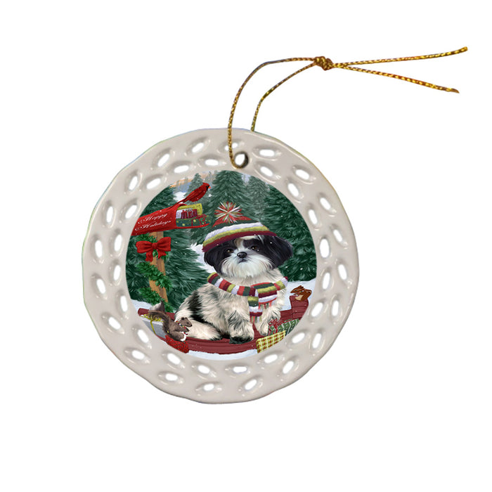 Merry Christmas Woodland Sled Shih Tzu Dog Ceramic Doily Ornament DPOR55394