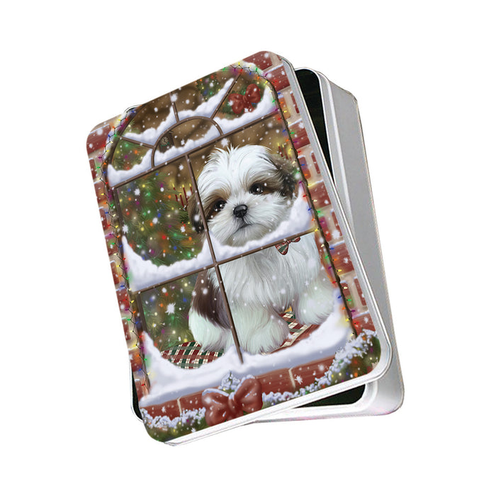 Please Come Home For Christmas Shih Tzu Dog Sitting In Window Photo Storage Tin PITN53891