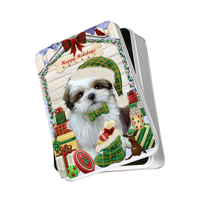 Happy Holidays Christmas Shih Tzu Dog House With Presents Photo Storage Tin PITN51508