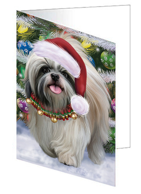 Trotting in the Snow Shih Tzu Dog Handmade Artwork Assorted Pets Greeting Cards and Note Cards with Envelopes for All Occasions and Holiday Seasons GCD74522