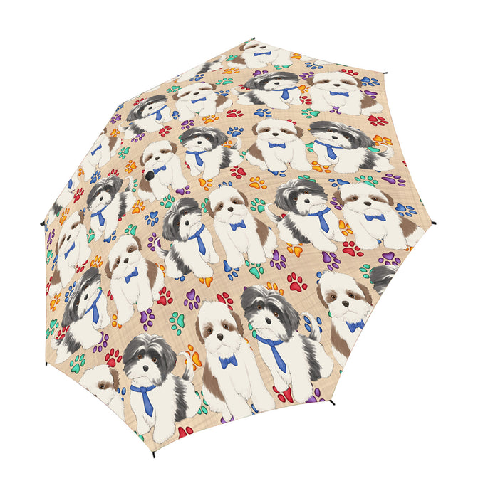 Rainbow Paw Print Shih Tzu Dogs Blue Semi-Automatic Foldable Umbrella