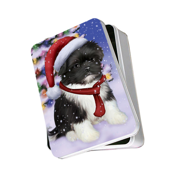 Winterland Wonderland Shih Tzu Dog In Christmas Holiday Scenic Background Photo Storage Tin PITN53422