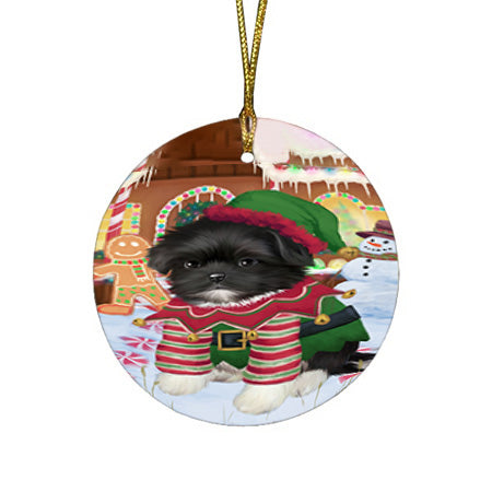 Christmas Gingerbread House Candyfest Shih Tzu Dog Round Flat Christmas Ornament RFPOR56908