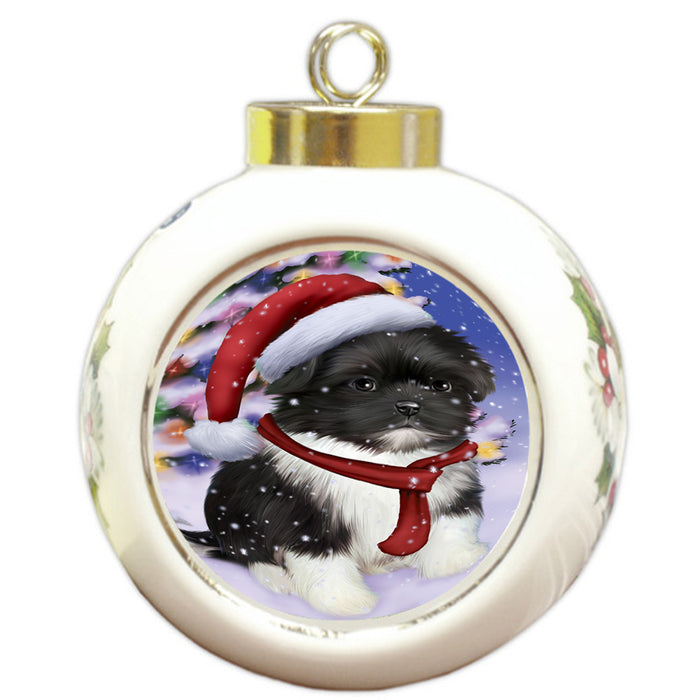 Winterland Wonderland Shih Tzu Dog In Christmas Holiday Scenic Background  Round Ball Christmas Ornament RBPOR53422
