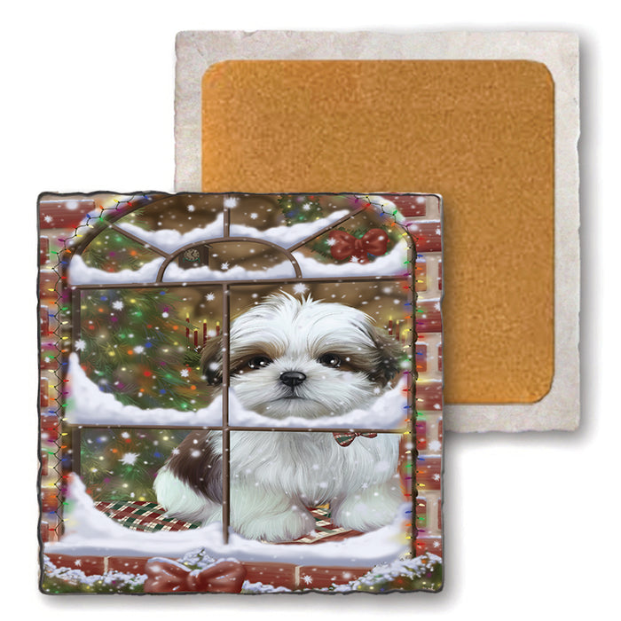 Please Come Home For Christmas Shih Tzu Dog Sitting In Window Set of 4 Natural Stone Marble Tile Coasters MCST48948