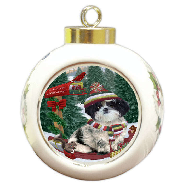 Merry Christmas Woodland Sled Shih Tzu Dog Round Ball Christmas Ornament RBPOR55394