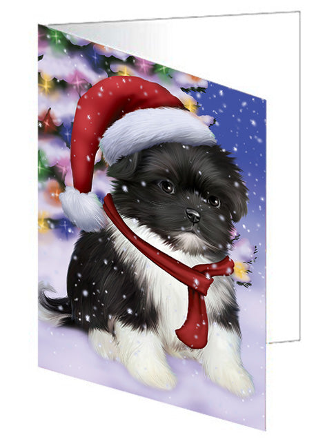 Winterland Wonderland Shih Tzu Dog In Christmas Holiday Scenic Background  Handmade Artwork Assorted Pets Greeting Cards and Note Cards with Envelopes for All Occasions and Holiday Seasons GCD64295