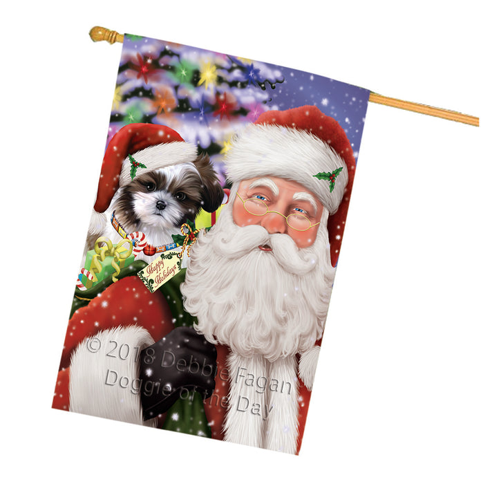 Santa Carrying Shih Tzu Dog and Christmas Presents House Flag FLG54218