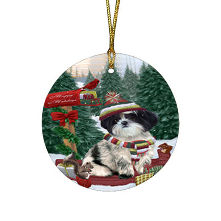 Merry Christmas Woodland Sled Shih Tzu Dog Round Flat Christmas Ornament RFPOR55394