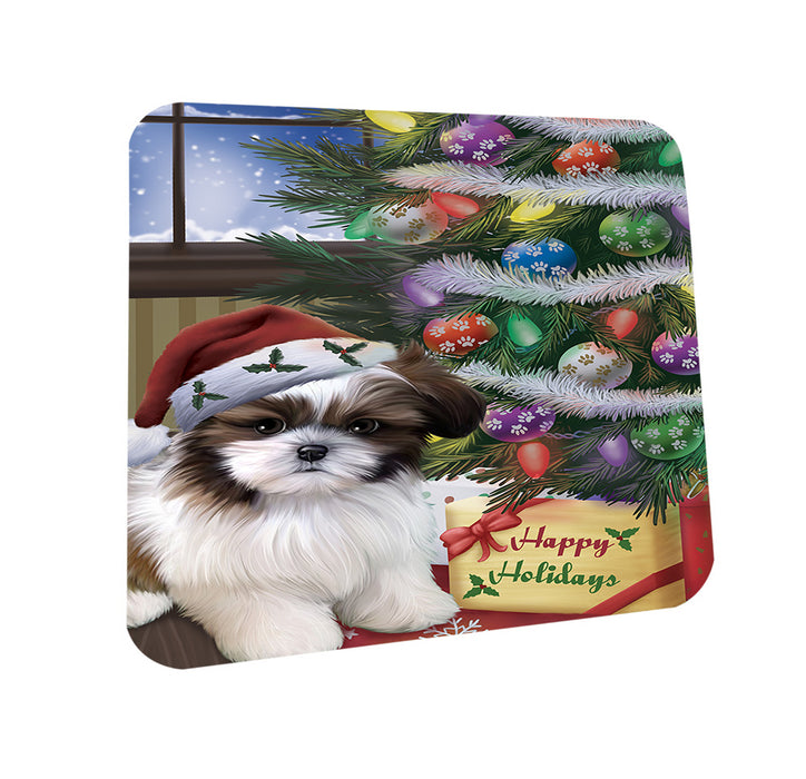 Christmas Happy Holidays Shih Tzu Dog with Tree and Presents Coasters Set of 4 CST53819
