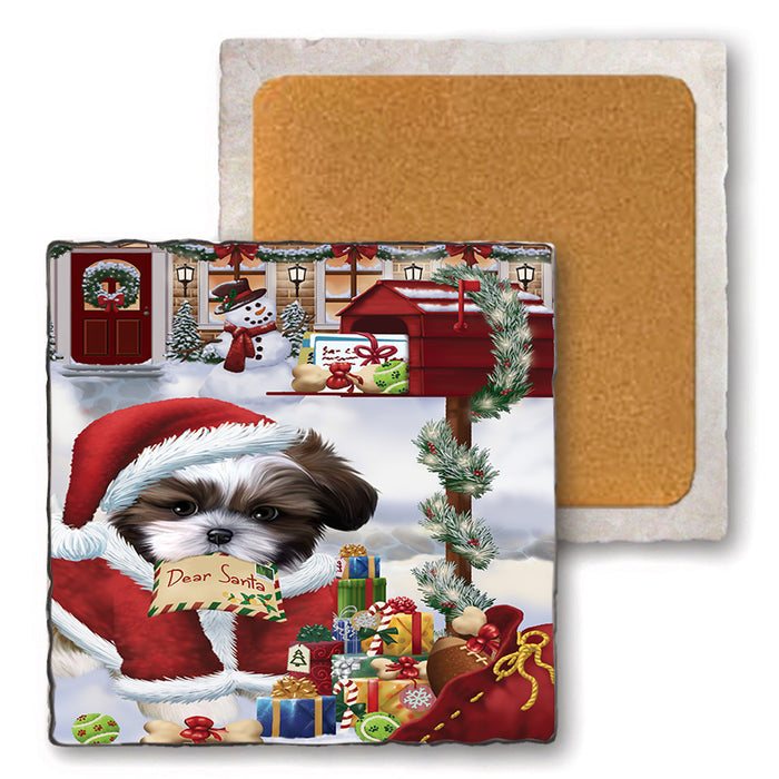 Shih Tzu Dog Dear Santa Letter Christmas Holiday Mailbox Set of 4 Natural Stone Marble Tile Coasters MCST48930